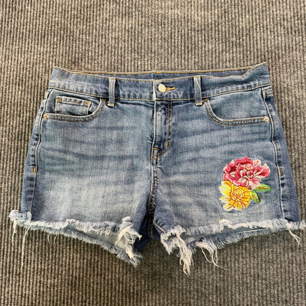 Old Navy Womens Boyfriend Denim Shorts Blue Floral Embroidered Frayed Hem Cutoff